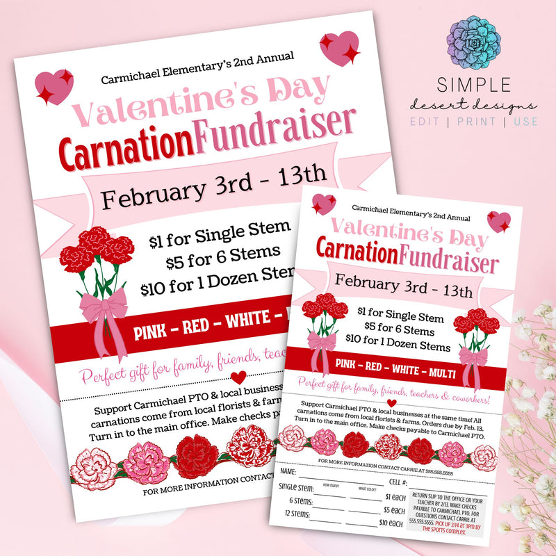 customizable valentines day carnation flower fundraiser flyers set