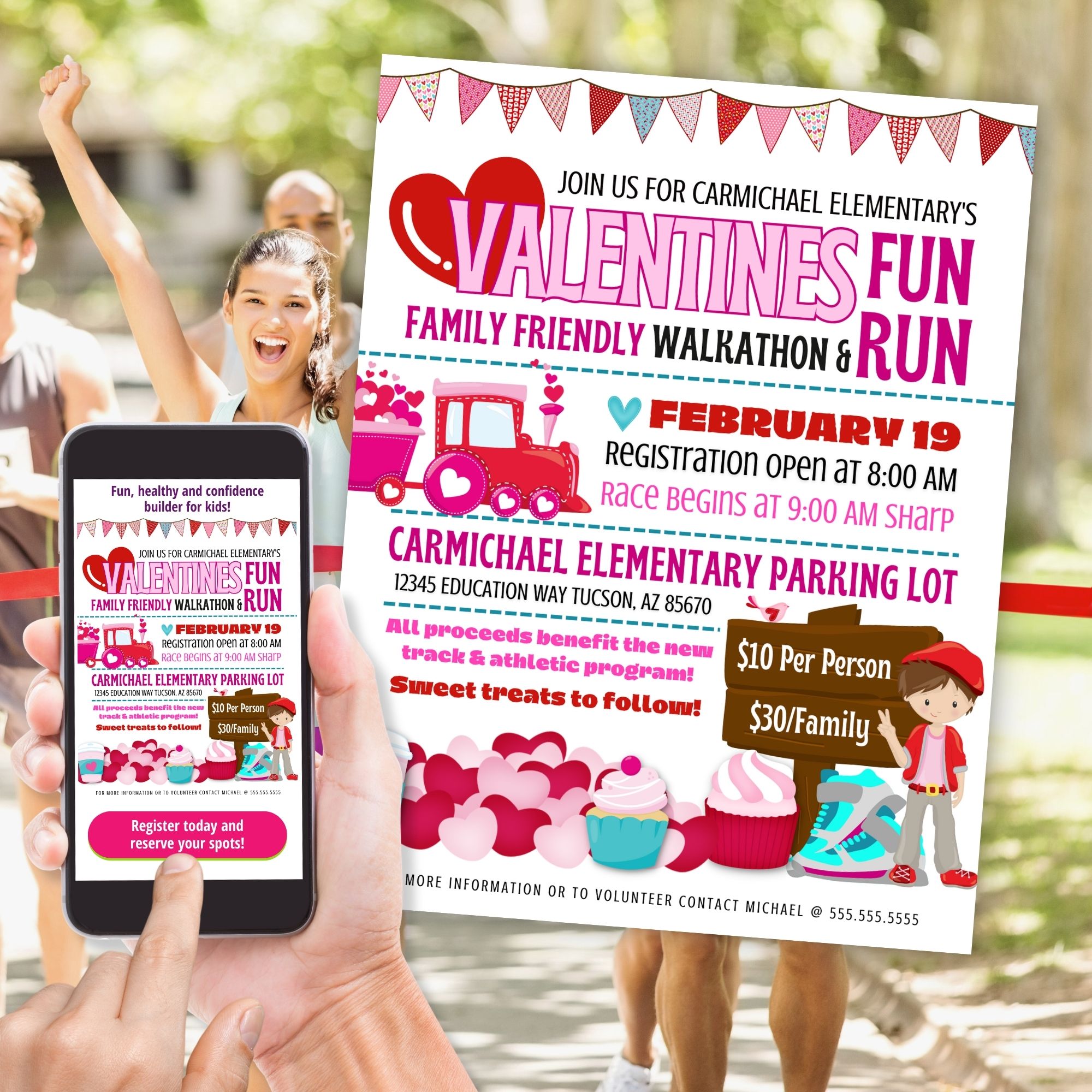 Promotional poster for Carmichael Elementary's Valentine's Day Fun Run with a smartphone displaying the event details.