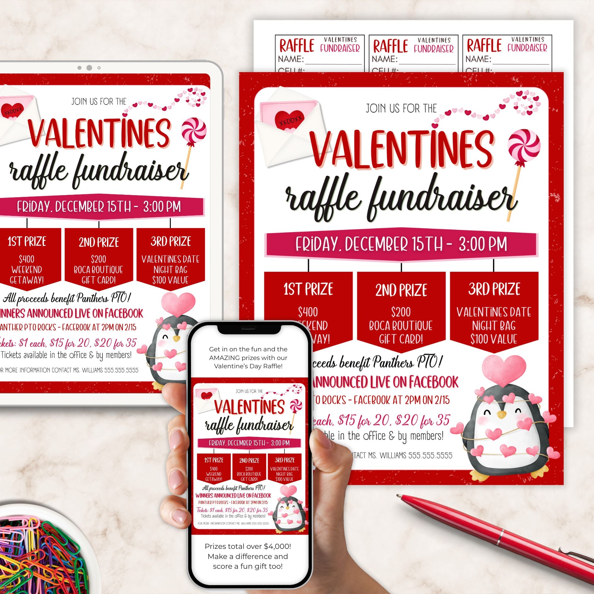 Valentines raffle flyer and tickets printed on marble surface, raffle fundraiser flyer on tablet and phone with red pen and paper clips.
