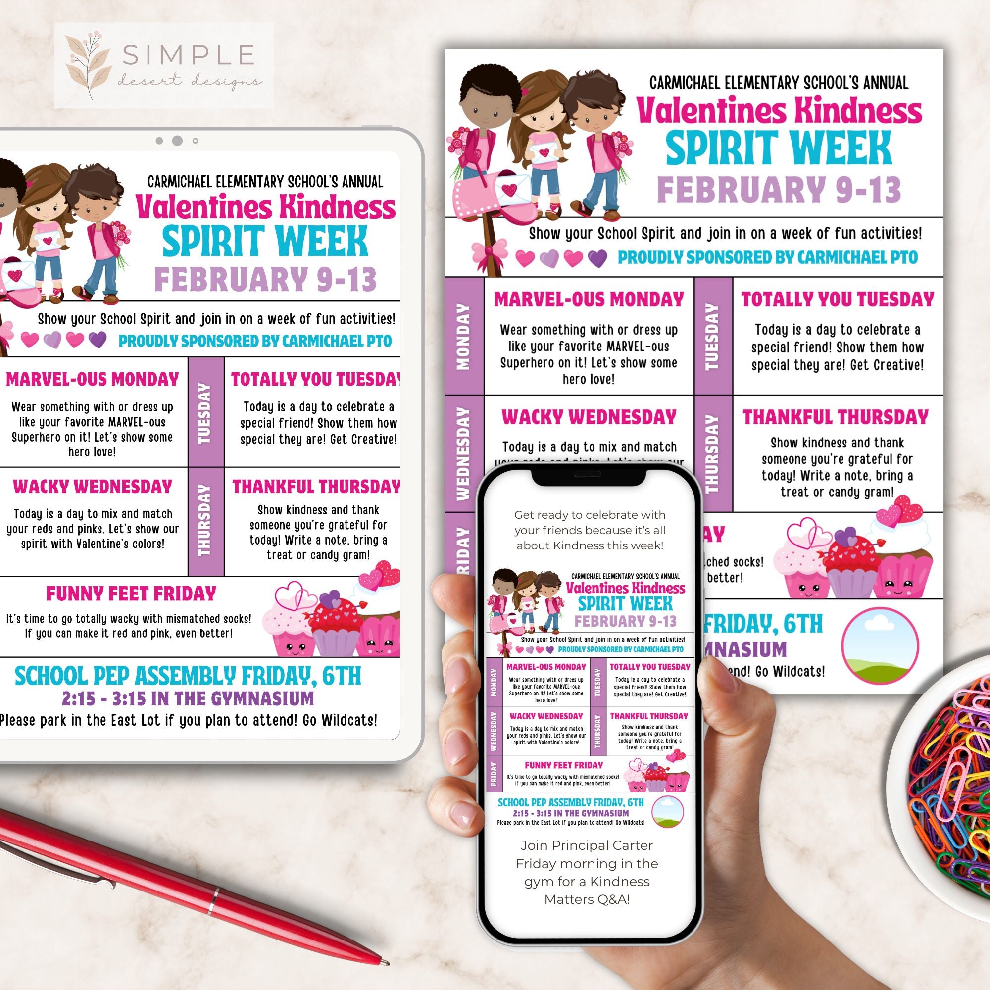 Valentines theme spirit week flyer displayed on tablet, printed and on cell phone with and without logo options next to red pen and dish of paper clips. Editable templates from Simple Desert Designs for school events flyer templates.