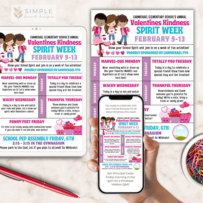 Valentines theme spirit week flyer displayed on tablet, printed and on cell phone with and without logo options next to red pen and dish of paper clips. Editable templates from Simple Desert Designs for school events flyer templates.