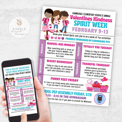 cute valentines day spirit week flyer template printed laying on white surface and cell phone with flyer template displayed digitally for school PTO PTA events.