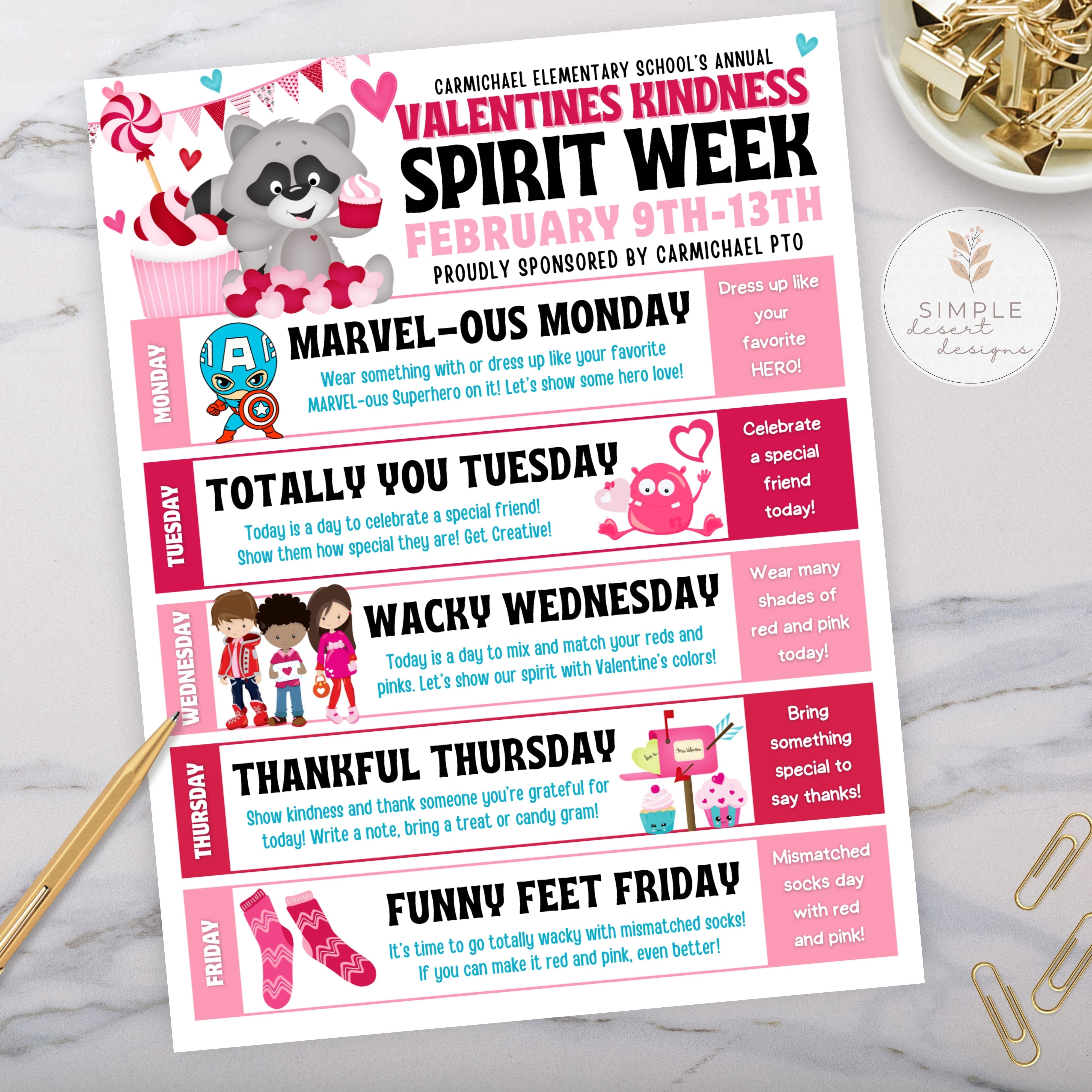 Valentine's Day kindness spirit week flyer for Carmichael Elementary School on a marble surface with decorative elements.