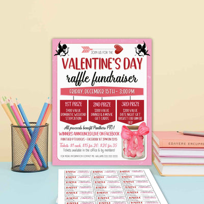 Valentine's Day raffle fundraiser poster with coordinating raffle tickets with event details on a table with stationery items created on a template in Canva designed by Simple Desert Designs.