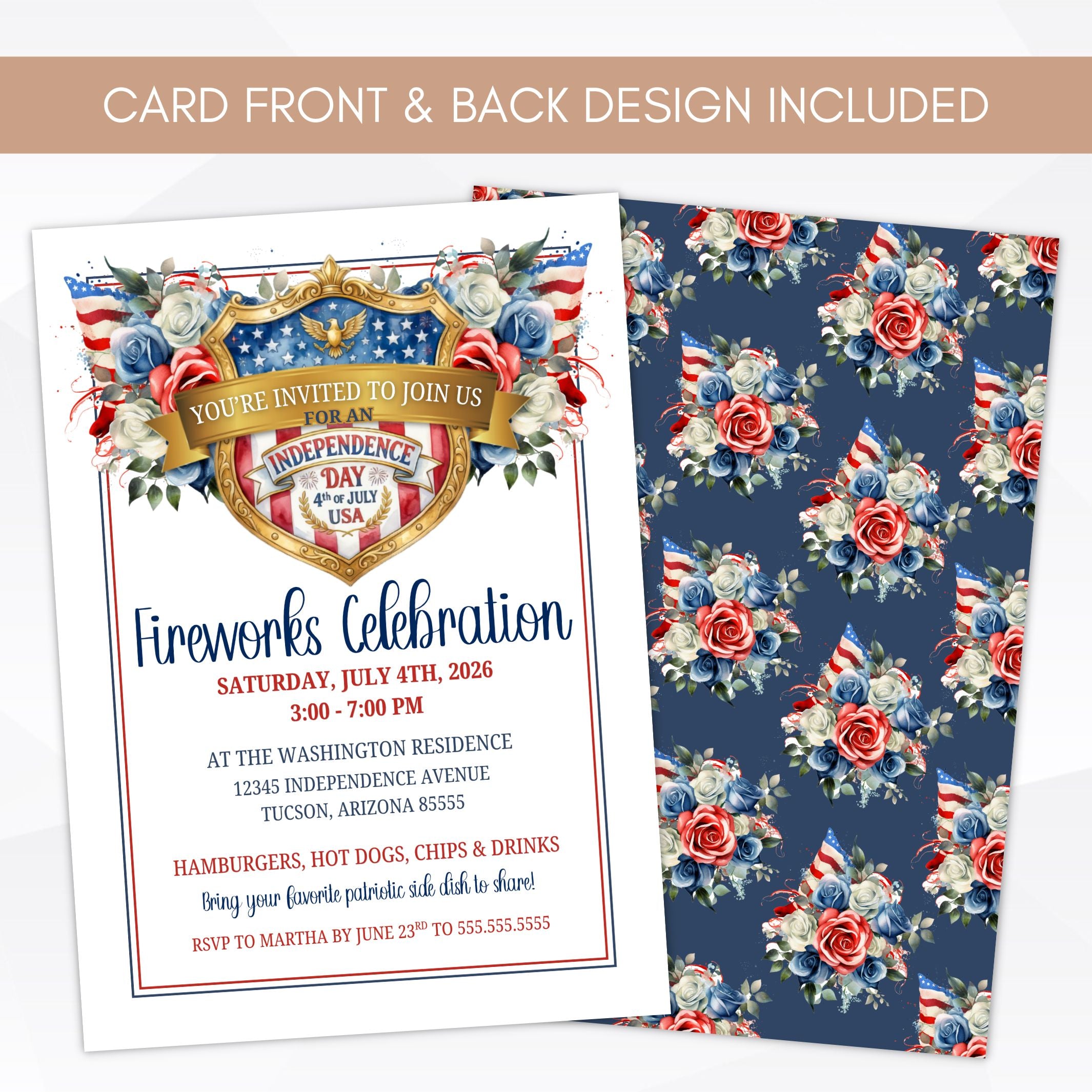 Independence Day invitation card with floral design on a white background