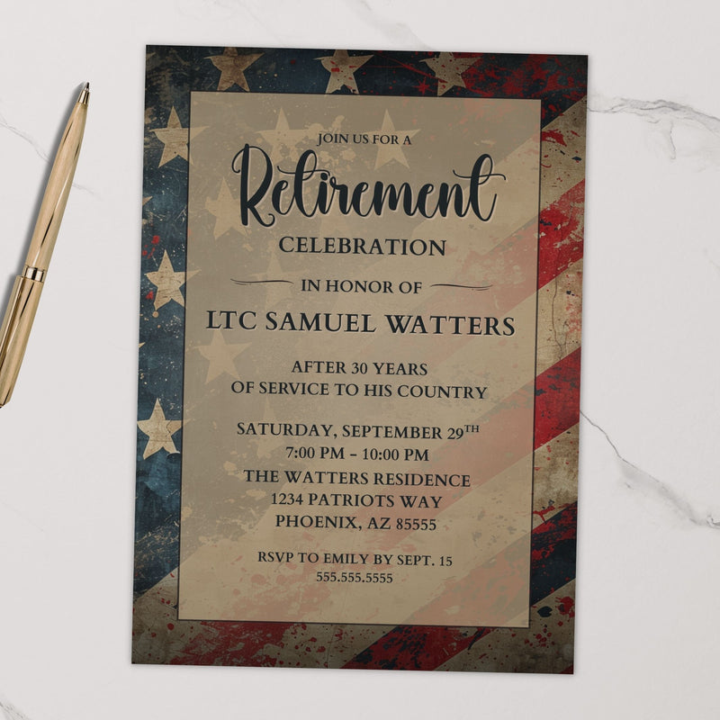 Retirement celebration invitation with vintage weathered American flag design on a white surface for military and first responders.