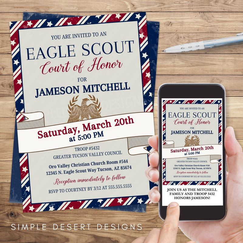 elegant professional eagle scouts court of honor inviation with vintage patriotic theme