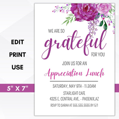 floral appreciation luncheon invitation purple rose wildflower lunch brunch dinner invite