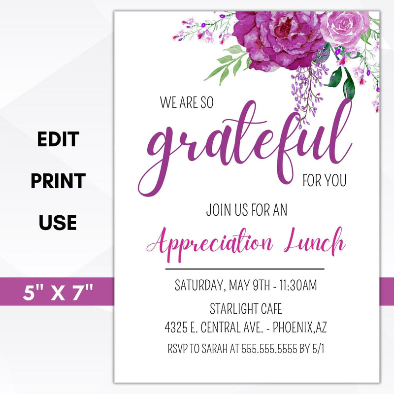 floral appreciation luncheon invitation purple rose wildflower lunch brunch dinner invite