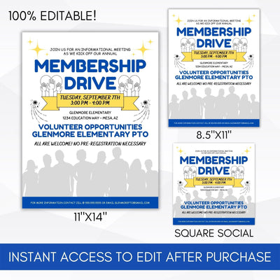 membership drive flyer set with poster social media template editable for school pto church non profit organizations