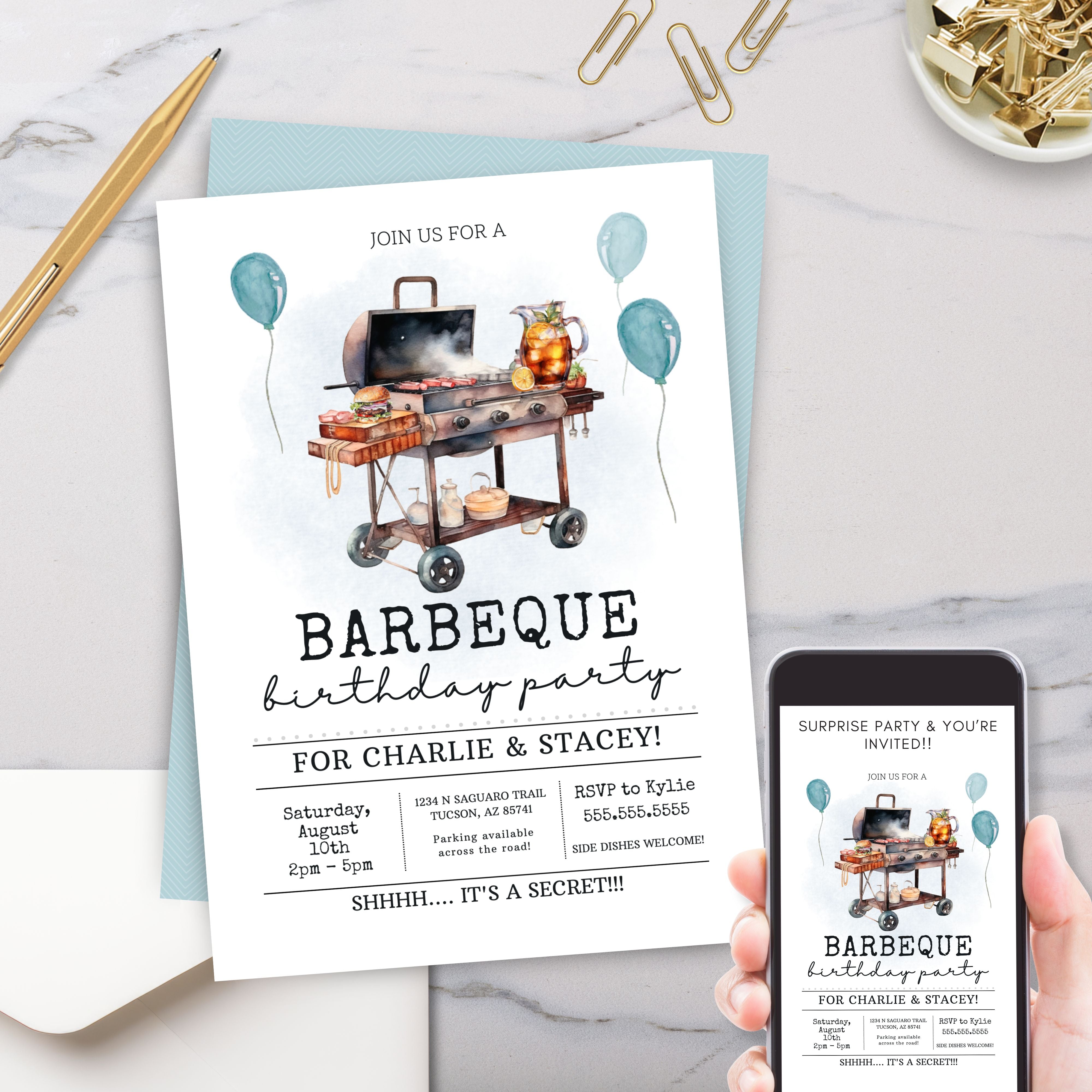 fun watercolor birthday party invitation for backyard barbeque bbq party