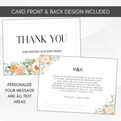 Thank you card design with floral elements and customizable text on a white background.