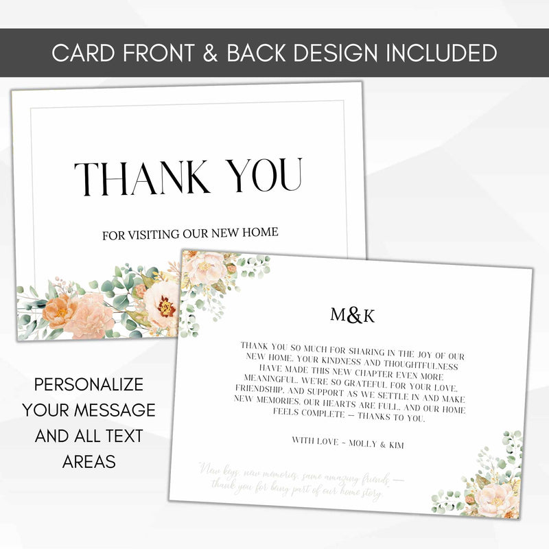 Thank you card design with floral elements and customizable text on a white background.