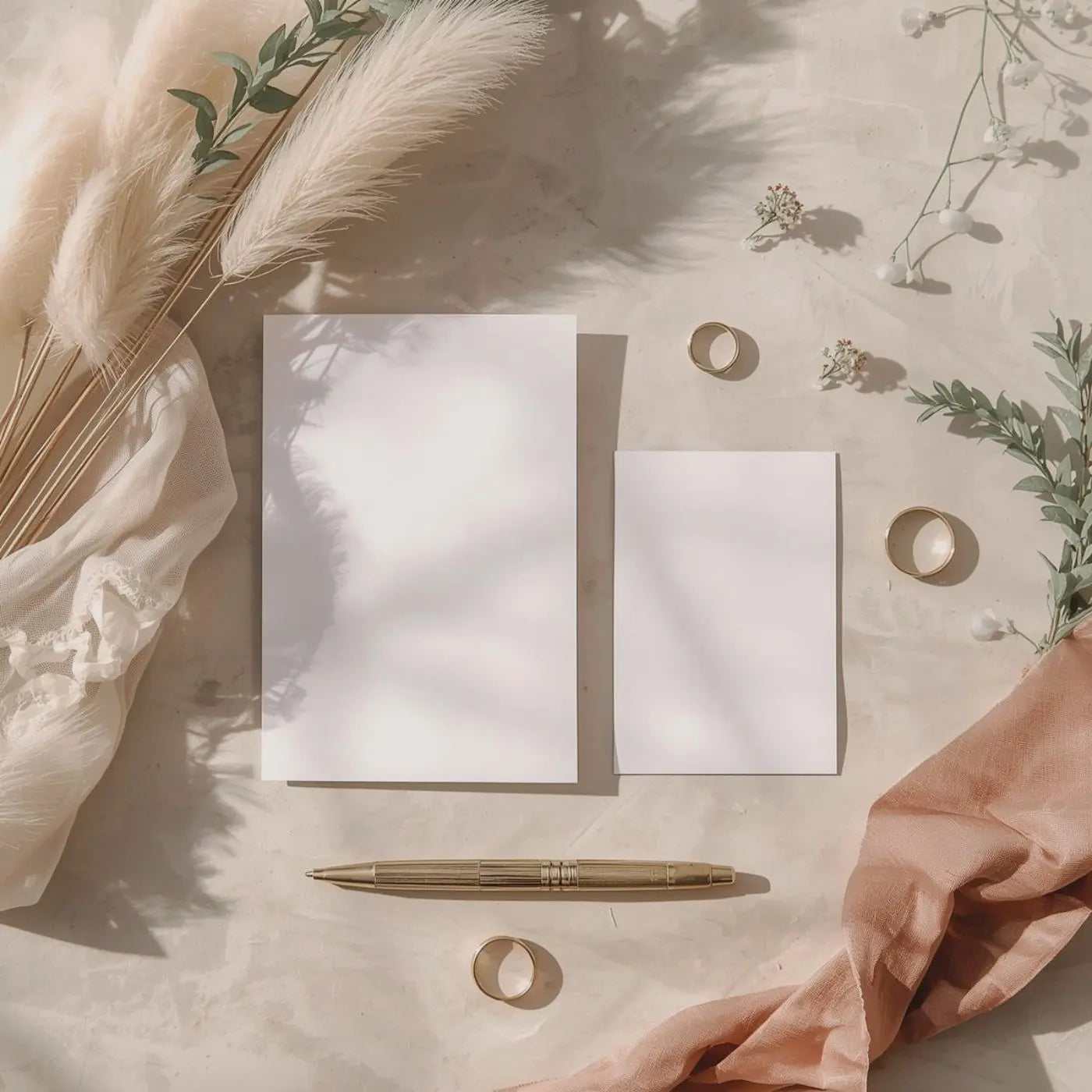 Two blank invitations and card inserts with a pen, wedding rings and floral elements on a textured surface with decorative fabric representing editable wedding invitation templates by Simple Desert Designs.