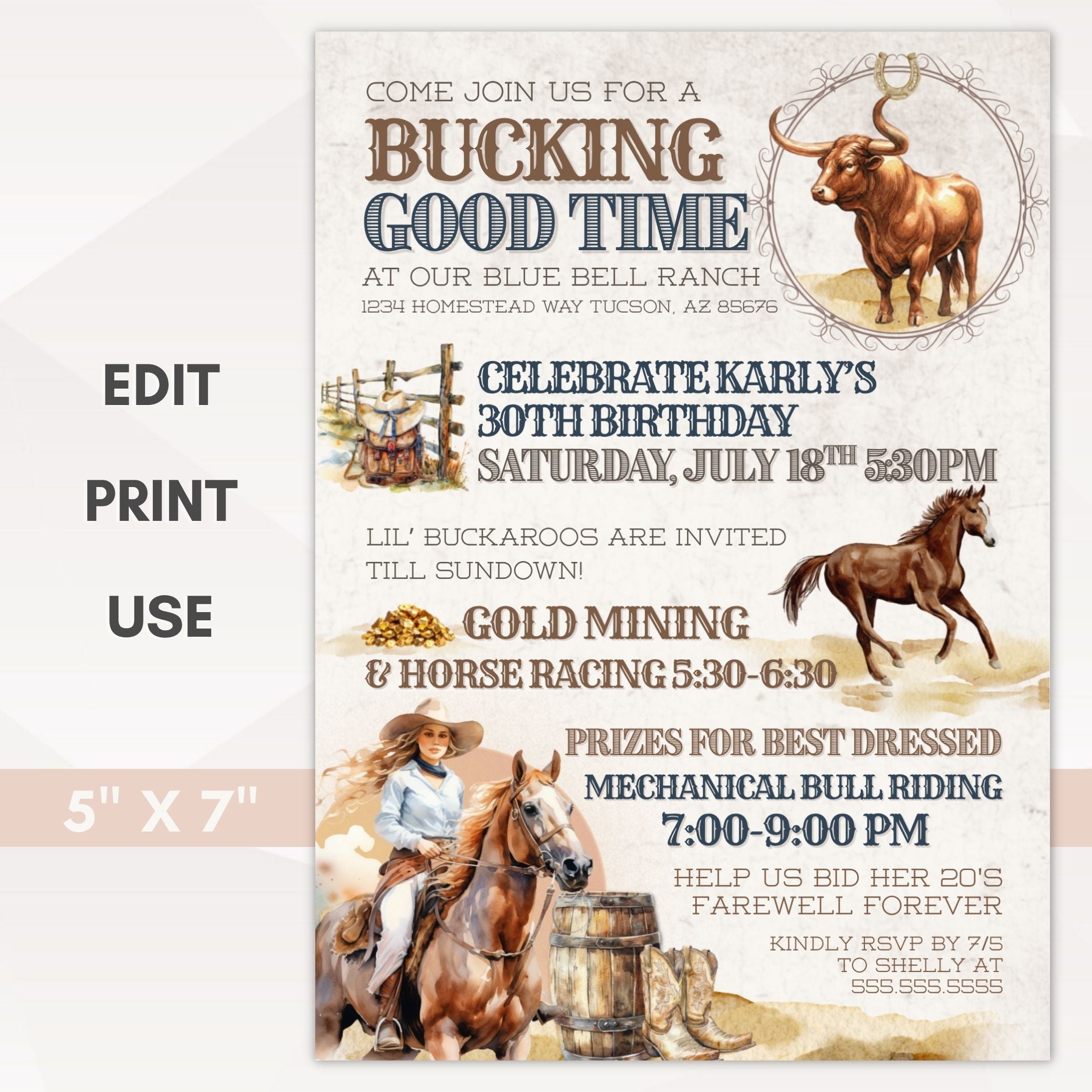 Customizable 5x7  country western birthday party invitation for her with bull, horses, cowgirl and horseback riding elements in the design.