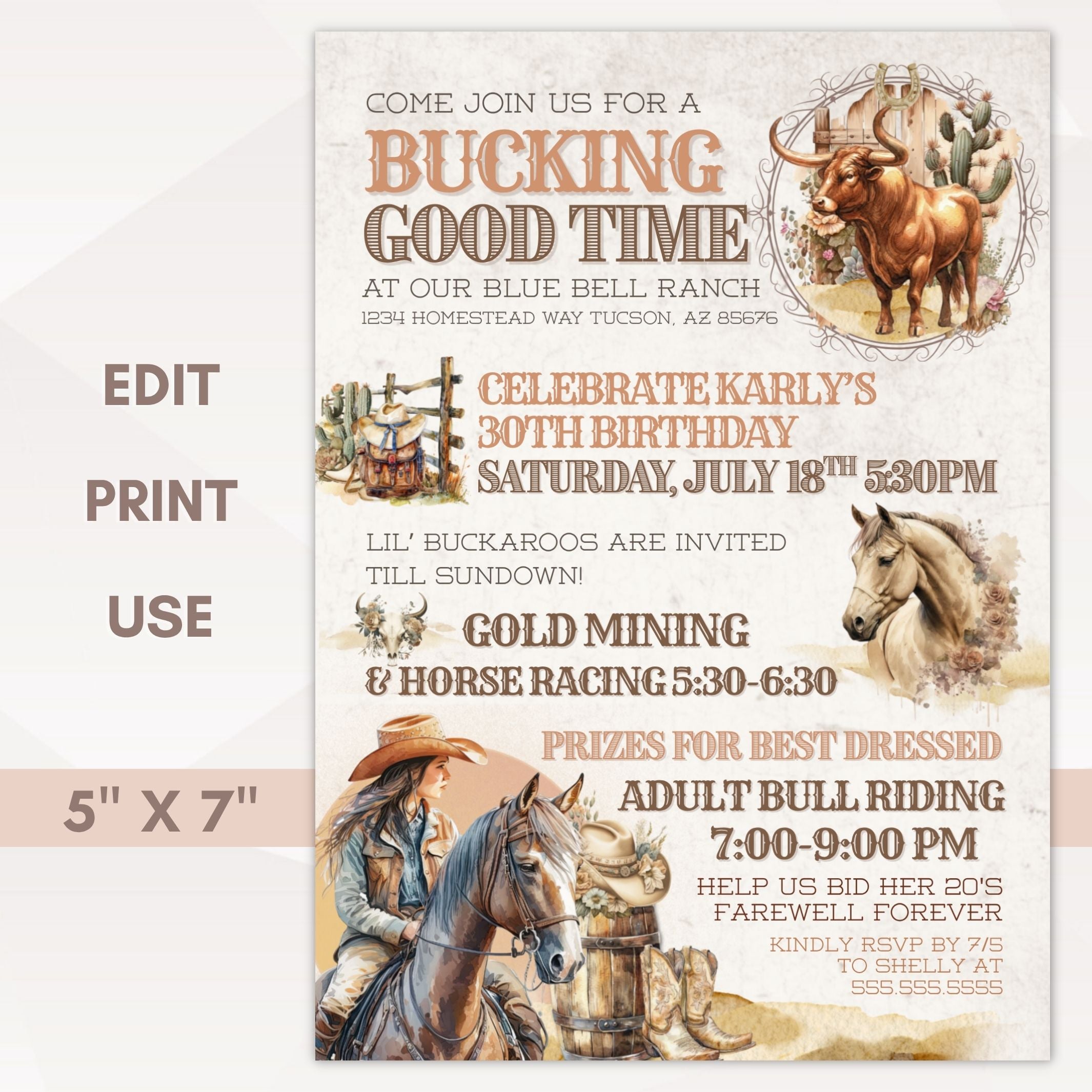 Image of editable 5x7 western themed birthday party invitation for cowgirls with desert florals, horses and bull on vintage cream background.