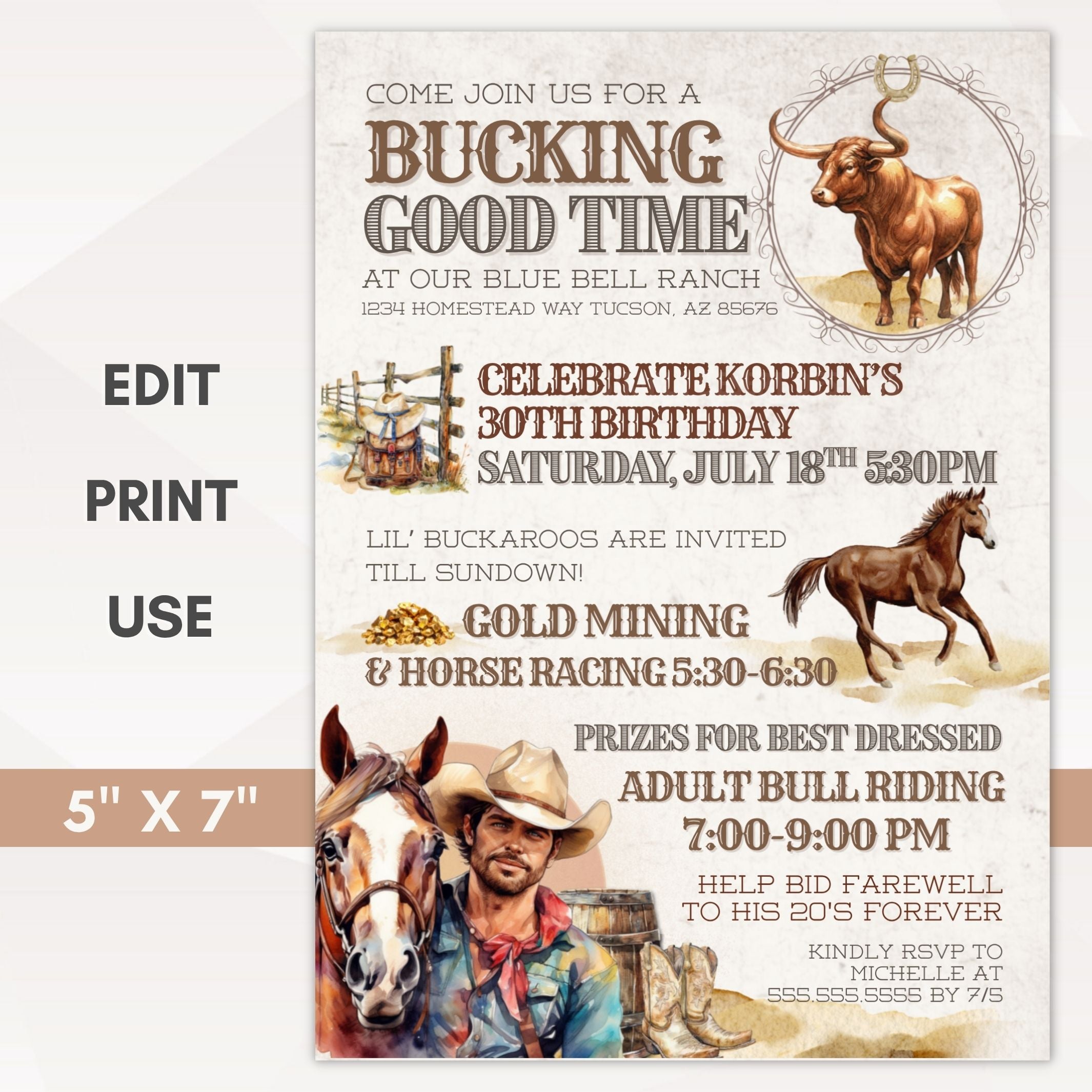 5x7 western birthday party invitation with cowboy, horses and bull for milestone party invite representing an editable template that can be sent digital and printed.