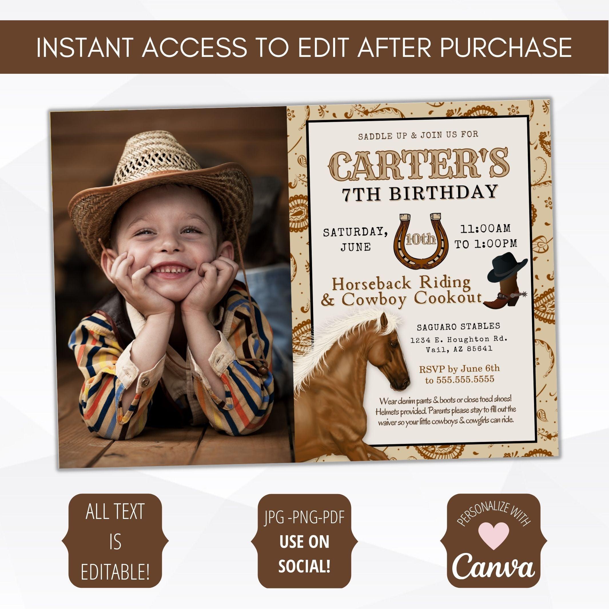 horseback riding party photo invitation