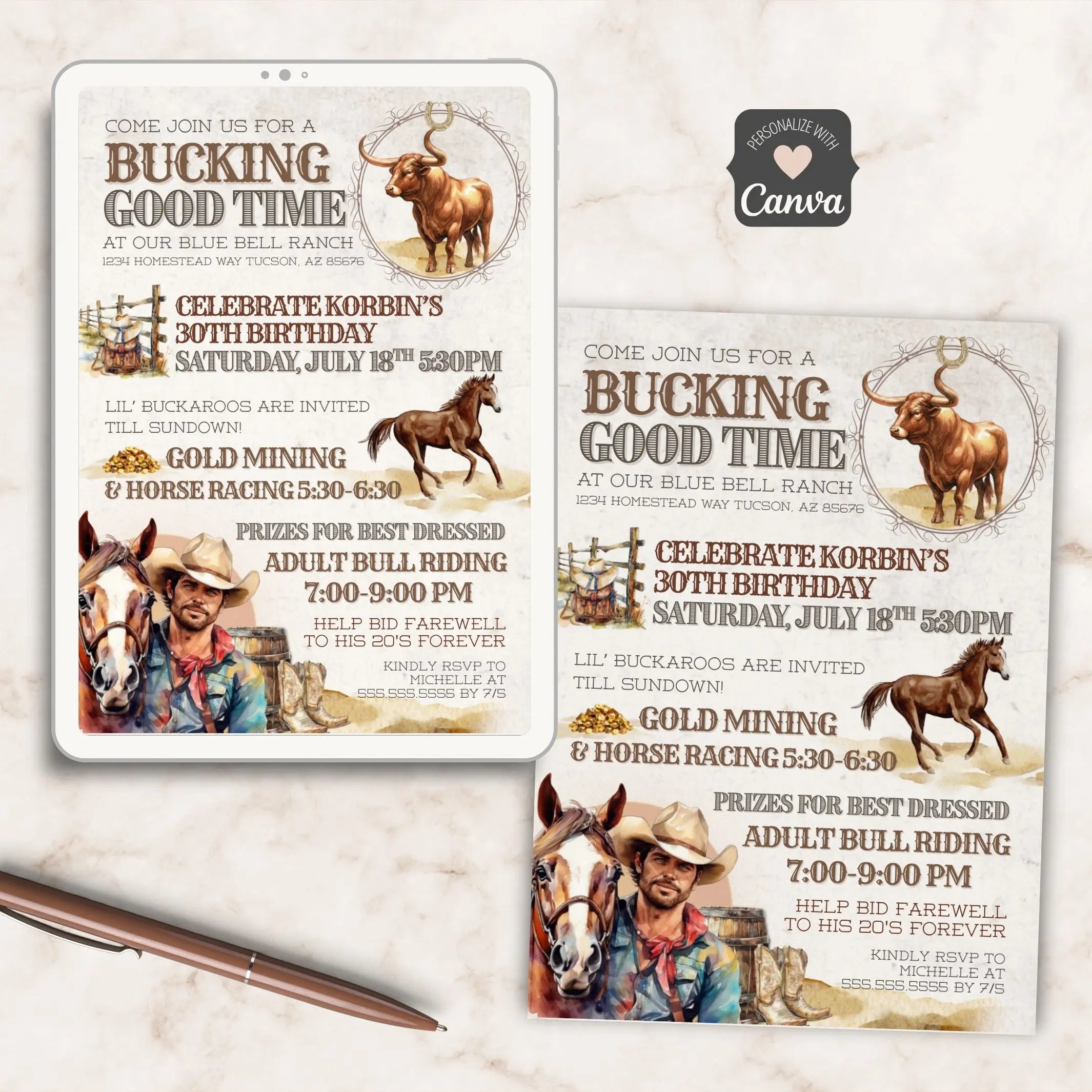 Rustic bull riding birthday party invitation displayed on tablet and printed on neutral marble surface with brown pen featuring a bull, cowboy, horses, and watercolor western themed elements.