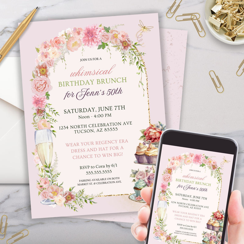 elegant pink floral brunch invitations for regency era inspired events