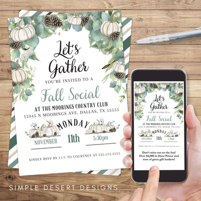 versatile white pumpkin theme fall invitation for any party or social event