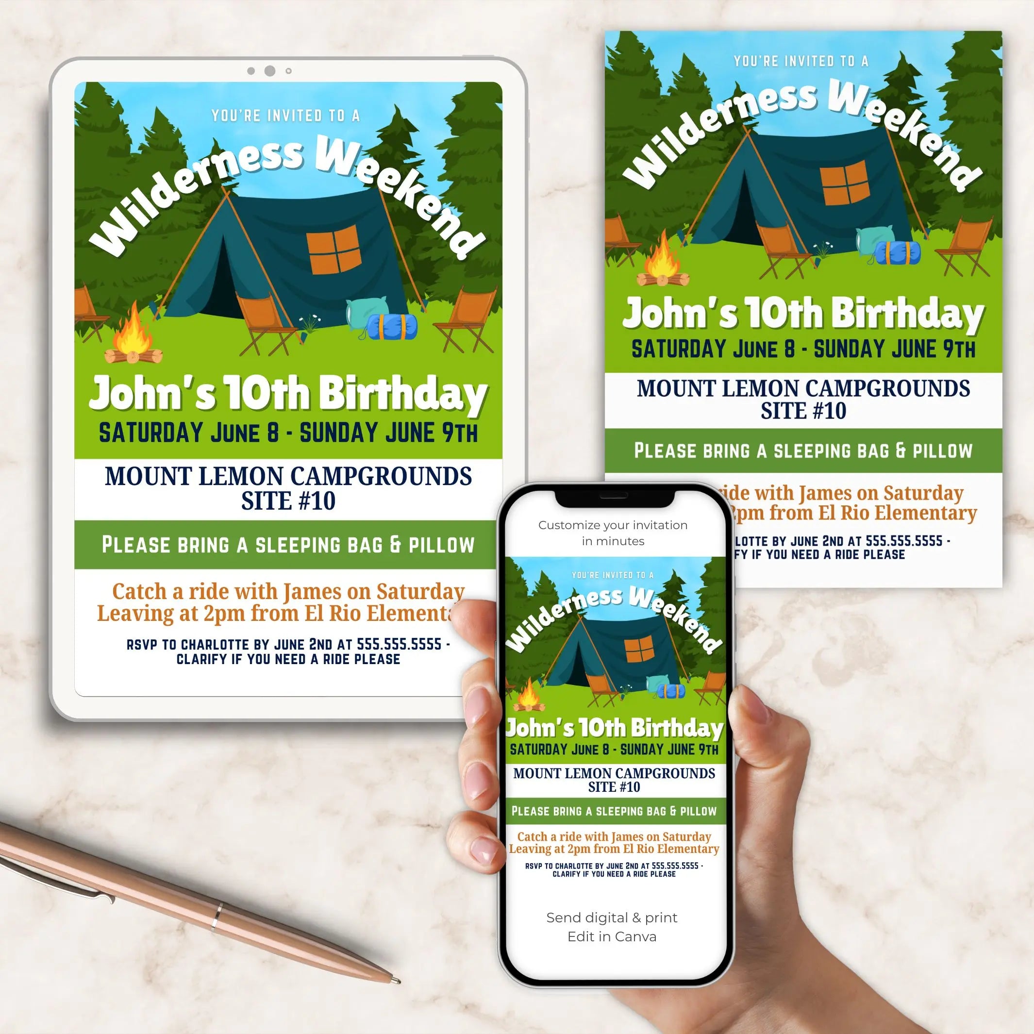 Two printed invitations for a wilderness weekend birthday event and a smartphone displaying the invitation on a light wooden surface.