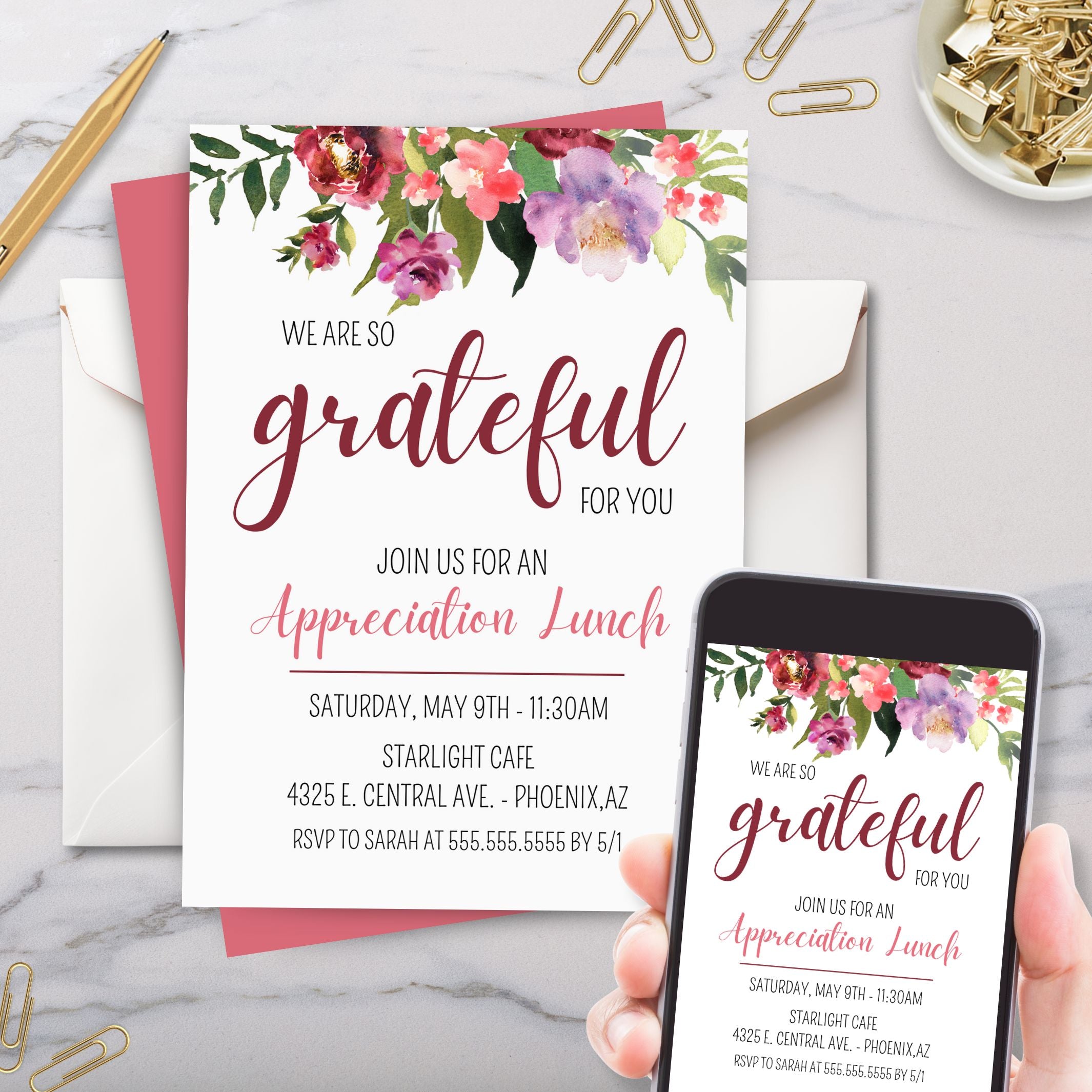 elegant watercolor wildflower theme grateful for you appreciation lunch invitation printed and on cell phone with marble surface background and gold paper clips and pen