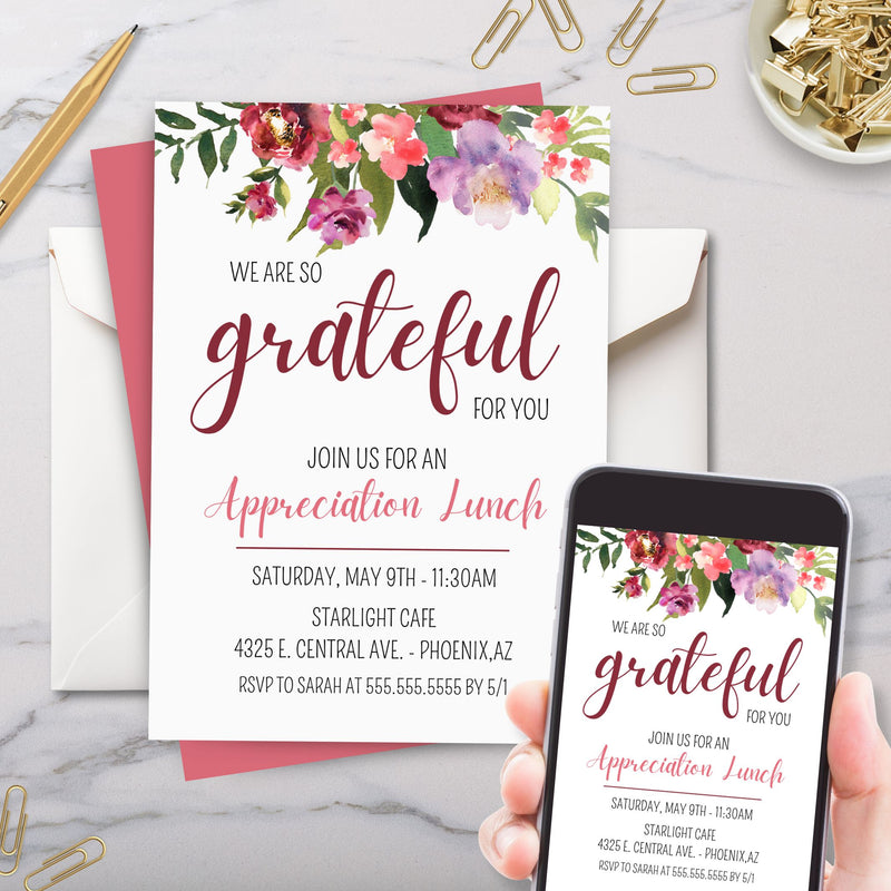 elegant watercolor wildflower theme grateful for you appreciation lunch invitation printed and on cell phone with marble surface background and gold paper clips and pen