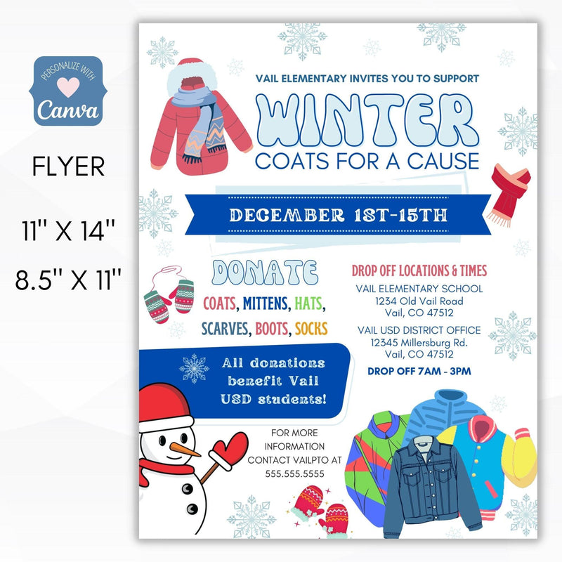editable winter coat drive flyer template