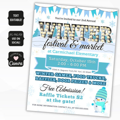 editable winter market flyer with cute snowman and winter scene