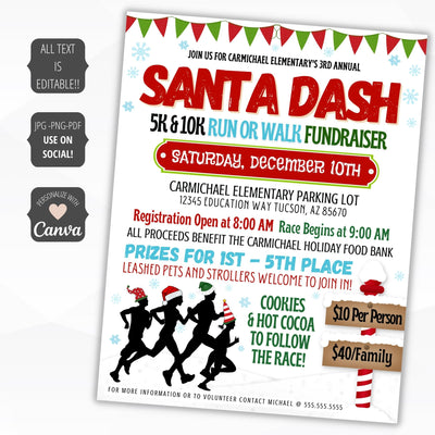 Santa Dash event flyer with text and graphics on a white background