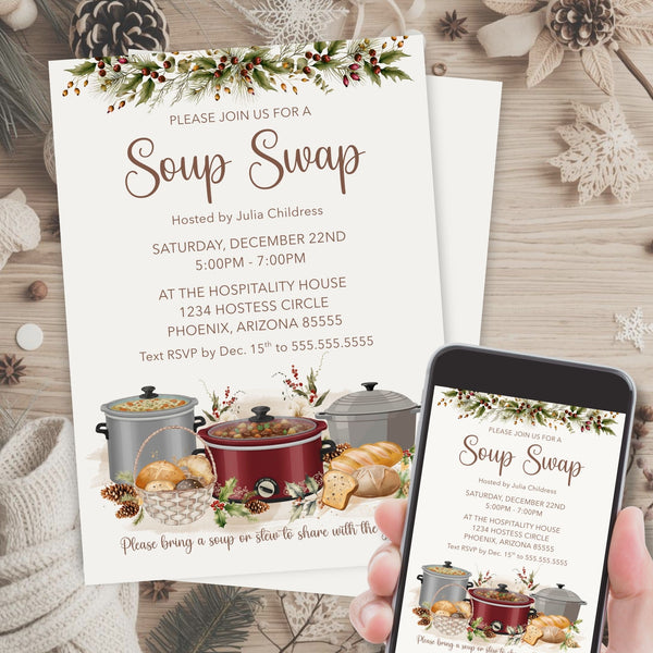 Invitation card for a Soup Swap event with a phone displaying the same invitation.
