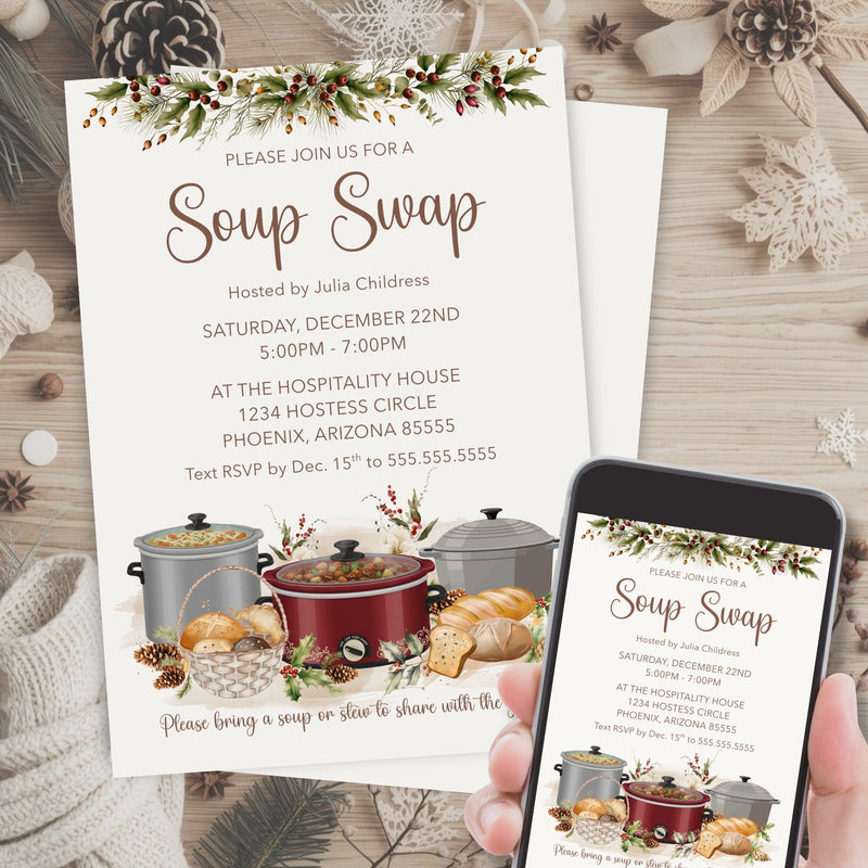 Invitation card for a Soup Swap event with a phone displaying the same invitation.