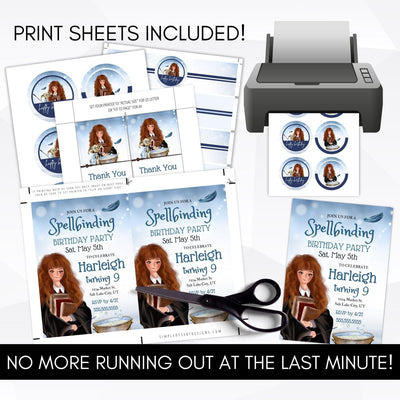 Get a cute personalized witch birthday party theme editable invitation template with all the party supply templates and printables you could want in this all-in-one bundle!