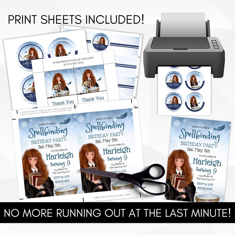 Get a cute personalized witch birthday party theme editable invitation template with all the party supply templates and printables you could want in this all-in-one bundle!