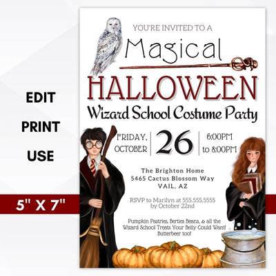 editable wizard school themed halloween party invitation printable template