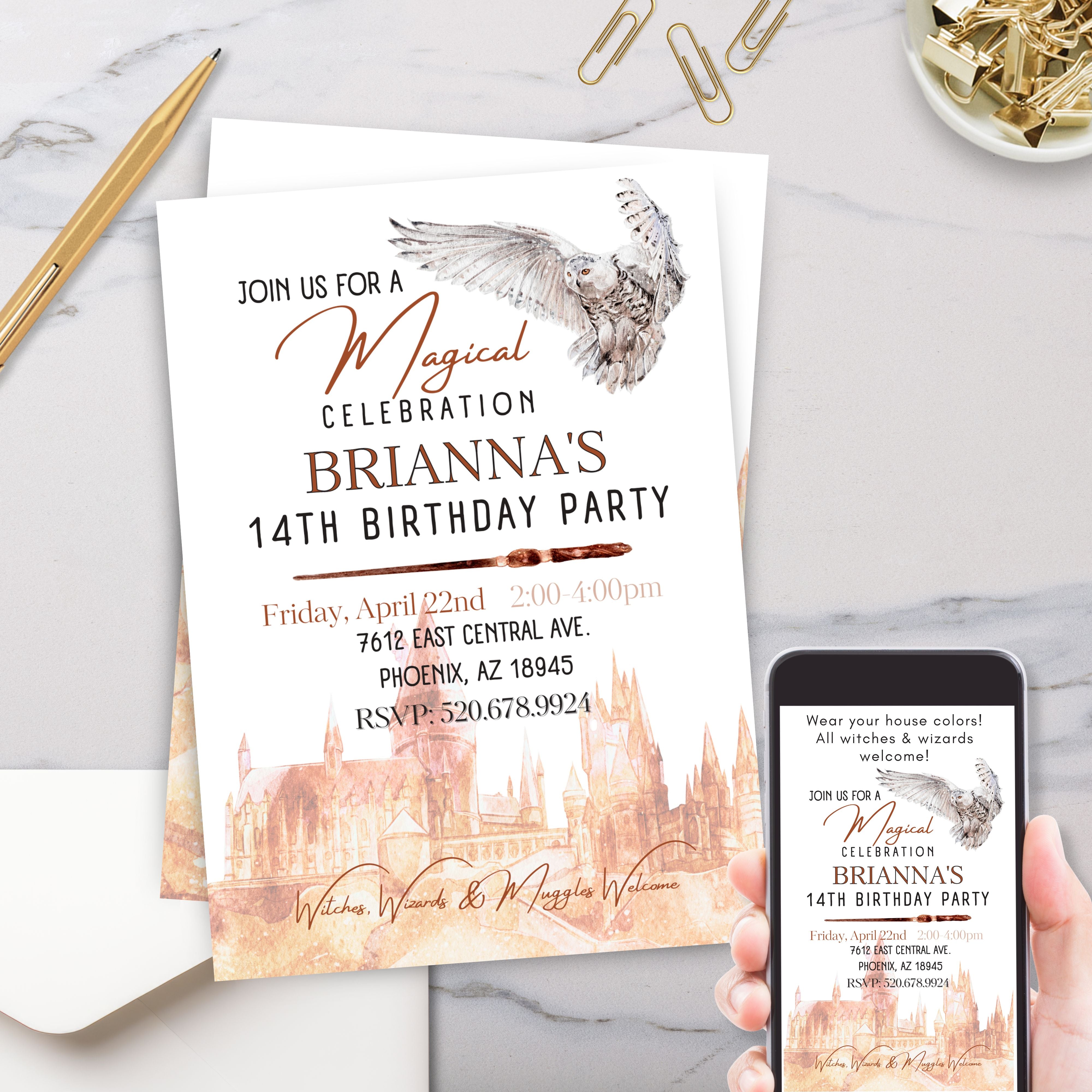 personalized wizard school castle birthday party invitation with owl and wand