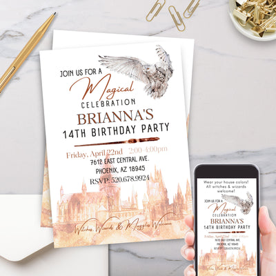 personalized wizard school castle birthday party invitation with owl and wand