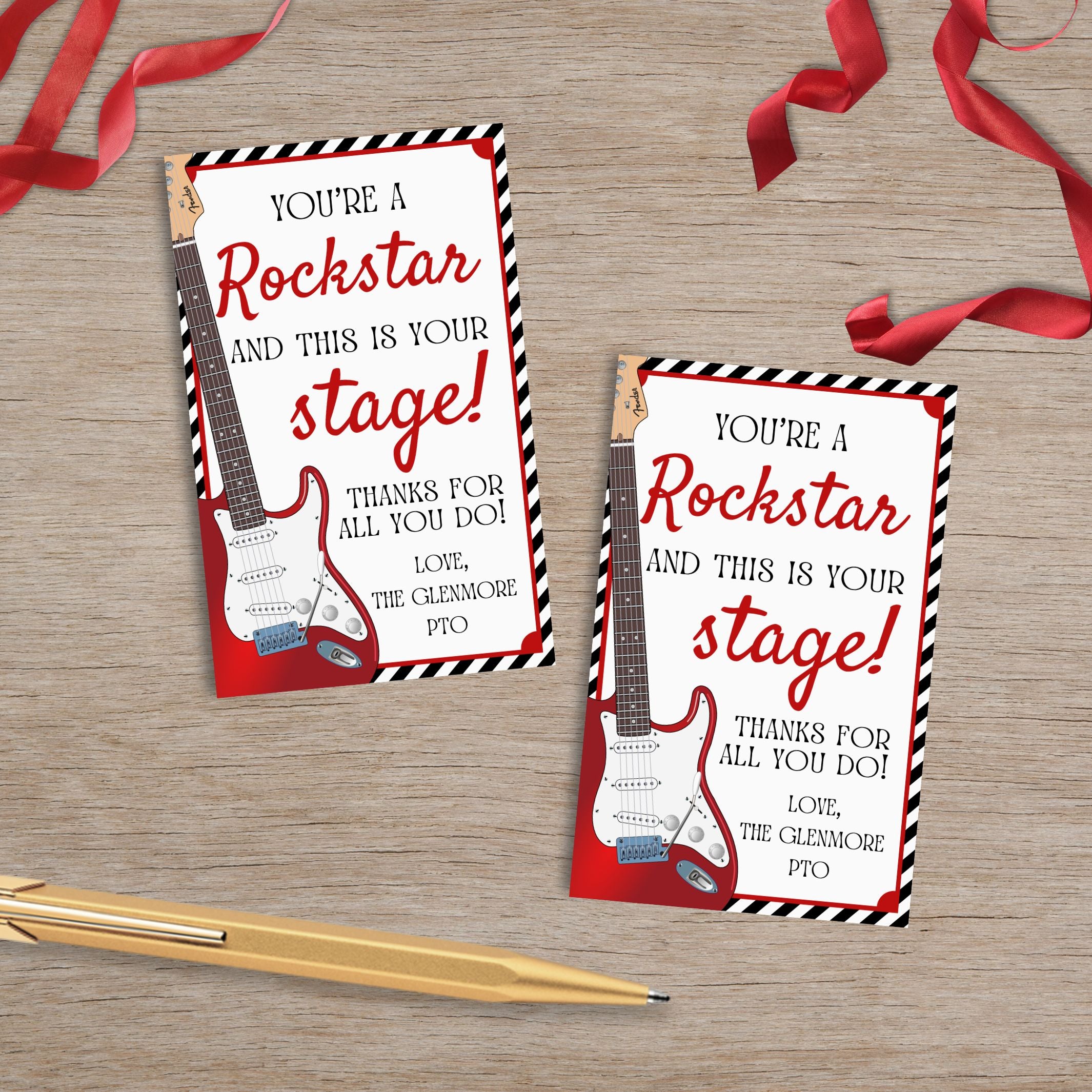 Two motivational gift tags for teachers with red and white rockstar design on a wooden surface with ribbons and a pen.